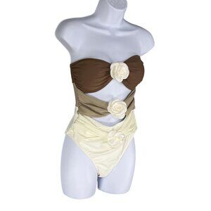 Colorblock One Piece Swimsuit Womens M White Satin 3D Floral Strapless Cutout